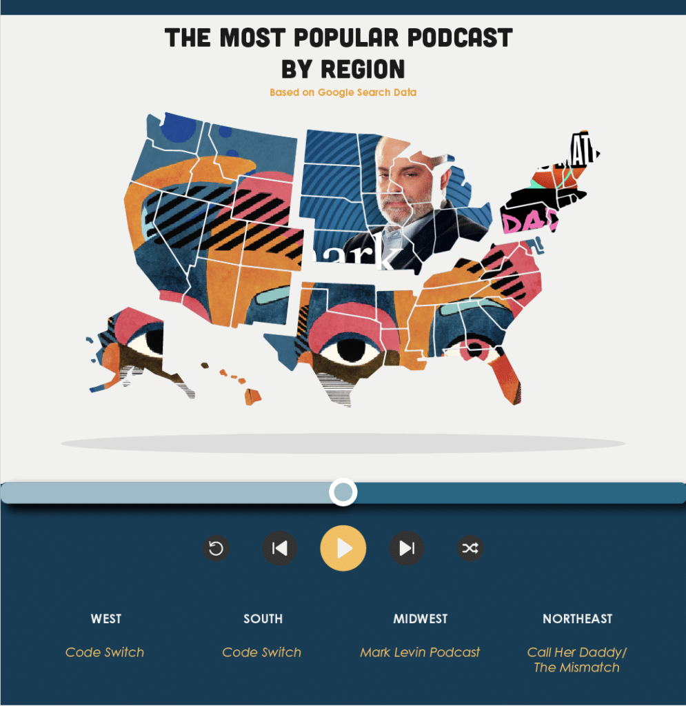 US map identifying the top podcasts by region