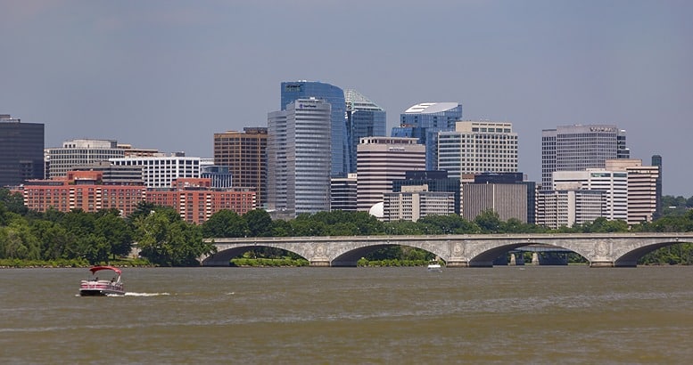 Rosslyn skyline of buildings in Arlington County. Memorial Bridge crosses Potomac River